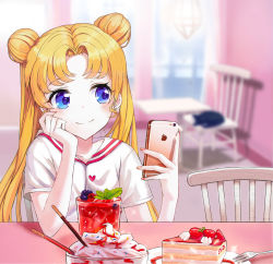 Rule 34 | 1girl, bad id, bad pixiv id, bishoujo senshi sailor moon, blonde hair, blue eyes, blurry, blurry background, cake, cat, cellphone, double bun, earrings, floating hair, food, grin, hair bun, head rest, highres, holding, holding phone, indoors, iren lovel, jewelry, long hair, looking to the side, luna (sailor moon), phone, shirt, short sleeves, smartphone, smile, solo, tsukino usagi, twintails, upper body, very long hair, white shirt