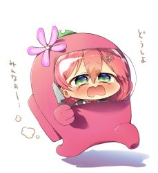 Rule 34 | 1girl, among us, blush, chibi, crying, crying with eyes open, flower, green eyes, hair between eyes, hair ornament, hairclip, harumina mau, highres, holding, holding knife, hololive, impostor (among us), knife, open mouth, pink (among us), pink hair, sakura miko, shadow, tears, virtual youtuber, white background