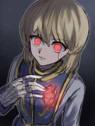 Rule 34 | 1boy, absurdres, black background, blonde hair, blood, bloody tears, closed mouth, commentary, gradient background, highres, hunter x hunter, kurapika, long sleeves, looking at viewer, male focus, red eyes, short hair, solo, tsukuno tsuki, upper body