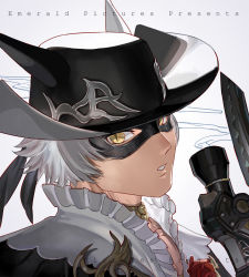 Rule 34 | 1boy, animal ears, black hat, cat ears, ears through headwear, emmmerald, final fantasy, final fantasy xiv, from side, grey background, grey hair, hat, holding, looking at viewer, looking to the side, male focus, mask, miqo&#039;te, parted lips, portrait, solo