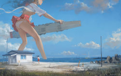 Rule 34 | 10s, 2014, 2girls, akagi (kancolle), ass, beach, bow (weapon), breasts, cloud, crop top, dated, day, female focus, from behind, giant, giantess, grass, hakama, hakama short skirt, hakama skirt, head out of frame, highres, hjl, holding, horizon, house, japanese clothes, kantai collection, long hair, long legs, midriff, miniskirt, multiple girls, no bra, ocean, outdoors, panties, pantyshot, pleated skirt, quiver, sash, short sleeves, side-tie panties, skirt, sky, small breasts, standing, striped clothes, striped panties, tetrapod, tower, underboob, underwear, wading, water, weapon