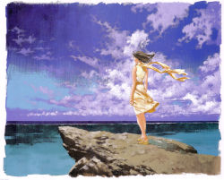Rule 34 | 00s, absurdres, arms at sides, brown hair, cliff, cloud, dress, highres, mishima reika, ocean, outdoors, rahxephon, sandals, scarf, scenery, solo, standing, yamada akihiro