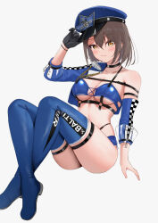 Rule 34 | 1girl, arm up, azur lane, baltimore (azur lane), baltimore (finish line flagbearer) (azur lane), bikini, black bikini, black choker, black gloves, blue bikini, blue footwear, blue hat, blue jacket, blue shorts, boots, breasts, brown hair, chest harness, choker, cleavage, closed mouth, collarbone, commentary, cropped jacket, crossed legs, detached sleeves, full body, gloves, hair between eyes, harness, hat, highleg, highleg bikini, highres, jacket, large breasts, looking at viewer, micro shorts, mismatched bikini, neruki (ntme), official alternate costume, paid reward available, peaked cap, race queen, short hair, shorts, sidelocks, simple background, single bare shoulder, single detached sleeve, single glove, sitting, skindentation, smile, solo, stomach, swimsuit, thigh boots, white background, yellow eyes