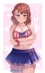 Rule 34 | 1girl, :i, arms under breasts, bikini, blue skirt, blush, border, breasts, cleavage, closed mouth, collarbone, commentary request, crossed arms, flower, frilled skirt, frills, glaring, hair bun, hair flower, hair ornament, looking at viewer, love live!, love live! nijigasaki high school idol club, medium breasts, midriff, navel, pink background, pleated skirt, pout, red bikini, red hair, red scrunchie, reminiscence202, scrunchie, single side bun, skirt, solo, speech bubble, standing, swimsuit, thigh strap, translation request, uehara ayumu, upper body, v-shaped eyebrows, white border, wrist scrunchie, yellow eyes
