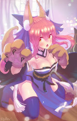 Rule 34 | 10s, 1girl, absurdres, animal ears, animal hands, bikini, blue bikini, blue bow, blue thighhighs, blush, bow, breasts, chyffon, cleavage, cosplay, curtains, detached sleeves, fang, fate/extra, fate/grand order, fate (series), fox ears, fox tail, fringe trim, hair bow, hair ribbon, highres, japanese clothes, kneeling, large breasts, looking at viewer, open mouth, pink hair, ribbon, solo, swimsuit, tail, tamamo (fate), tamamo cat (fate), tamamo cat (fate) (cosplay), tamamo no mae (fate/extra), thighhighs, wide sleeves, window, yellow eyes