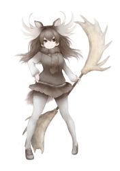 Rule 34 | 10s, 1girl, animal ear fluff, animal ears, antlers, black eyes, black skirt, extra ears, full body, hair between eyes, horns, ise (0425), kemono friends, legs apart, long hair, long sleeves, looking at viewer, moose (kemono friends), moose ears, moose tail, pantyhose, pleated skirt, scarf, shoes, simple background, skirt, smile, solo, standing, tail, weapon, white background, white pantyhose