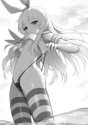 Rule 34 | 1girl, absurdres, bad id, bad pixiv id, bikini, bikini bottom only, blush, breasts, cloud, crop top, crop top overhang, day, elbow gloves, from below, gloves, greyscale, hair ribbon, highres, kantai collection, long hair, looking at viewer, medium breasts, mole, mole on breast, monochrome, neckerchief, no pants, outdoors, parted lips, ribbon, shimakaze (kancolle), shirt, sky, sleeveless, sleeveless shirt, small breasts, solo, standing, stomach, striped clothes, striped thighhighs, swimsuit, thighhighs, thong, topu, underboob, upshirt, very long hair, water