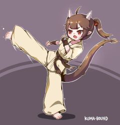 Rule 34 | 1girl, ahoge, artist name, belt, brown belt, brown eyes, chinese commentary, commentary request, dougi, dragon girl, dragon tail, fang, full body, high kick, highres, karate, kicking, kuma-bound, long hair, open mouth, original, pants, skin fang, slit pupils, solo, tail, twintails, v-shaped eyebrows, white pants