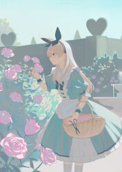 Rule 34 | 1girl, alice (alice in wonderland), alice in wonderland, basket, black hairband, blonde hair, blue dress, blue eyes, blue hairband, blue ribbon, commentary, day, dress, english commentary, feet out of frame, flower, fountain, frilled dress, frills, from side, hair between eyes, hairband, hand up, heart, highres, holding, holding flower, holding scissors, long hair, outdoors, pinafore dress, pink flower, pink rose, puffy short sleeves, puffy sleeves, ribbon, rose, scissors, short sleeves, sky, sleeveless dress, smile, solo, standing, tree, wakuseiy, wrist cuffs