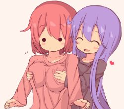 Rule 34 | 2girls, blush, grabbing another&#039;s breast, breasts, chibi, embarrassed, closed eyes, grabbing, large breasts, multiple girls, purple hair, red hair, sen (pixiv26916995), smile, sweater, yuri