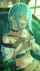 Rule 34 | 1girl, :o, aqua eyes, aqua hair, aqua nails, aqua ribbon, bare shoulders, black choker, braid, choker, coffee, coffee mug, collarbone, commentary request, copyright request, couch, crop top, crown braid, cup, gem, hair ribbon, highres, holding, holding cup, indoors, leaf, long hair, long sleeves, looking at viewer, midriff, mug, nail polish, navel, off shoulder, on couch, open mouth, ribbon, blue gemstone, saraki, sitting, solo, steam, two-handed, window