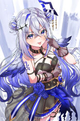 Rule 34 | 1girl, amane kanata, amane kanata (another world), angel wings, belt collar, black collar, black dress, black gloves, blue hair, breasts, collar, double bun, dress, fallen angel, gloves, grey hair, hair bun, hair intakes, halo, highres, hololive, long hair, looking at viewer, official alternate costume, purple eyes, qussie, small breasts, solo, star halo, tongue, tongue out, virtual youtuber, wings