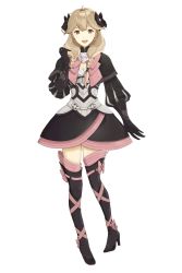 Rule 34 | 1girl, black bow, black footwear, black gloves, black thighhighs, boots, bow, braid, brown eyes, brown hair, cosplay, dress, earrings, elise (fire emblem), elise (fire emblem) (cosplay), enju0313, faye (fire emblem), fire emblem, fire emblem echoes: shadows of valentia, fire emblem fates, fire emblem heroes, full body, gloves, hair bow, high heel boots, high heels, highres, jewelry, long hair, low-braided long hair, low-tied long hair, nintendo, open mouth, pink bow, pink ribbon, ribbon, simple background, thigh boots, thighhighs, twin braids, white background, zettai ryouiki