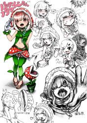 Rule 34 | 3girls, artist request, boo (mario), braid, breath weapon, breathing fire, character sheet, choker, fang, female focus, fire, green legwear, highres, hood, mario (series), monster girl, multiple girls, navel, nintendo, open mouth, partially colored, personification, pink hair, piranha plant, plant girl, red eyes, sharp teeth, sleeveless, super mario bros. 1, teeth, thigh gap, translation request