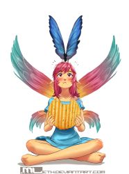 Rule 34 | 1girl, :t, animal, animal on head, bare legs, barefoot, blue dress, blush, bug, butterfly, chips (food), collarbone, dress, eating, erylia (mleth), fairy, fairy wings, food, food on face, highres, indian style, insect, insect on head, long hair, mini person, minigirl, mleth, multiple wings, on head, original, pink hair, pointy ears, potato chips, red eyes, sitting, solo, toes, wings