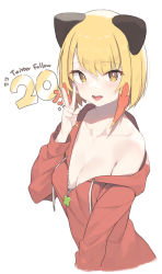 Rule 34 | 1girl, absurdres, bare shoulders, blonde girl (cloba), blonde hair, breasts, cleavage, cloba, fang, highres, jacket, long sleeves, looking at viewer, medium breasts, off shoulder, open mouth, original, red jacket, short hair, simple background, smile, solo, upper body, v, white background, yellow eyes