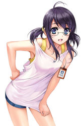 Rule 34 | 1girl, antenna hair, black hair, blue eyes, collarbone, glasses, hand on own hip, hip focus, id card, leaning forward, lono (parkarar), off shoulder, open mouth, original, purple hair, shirt tug, short twintails, shorts, simple background, solo, tank top, twintails