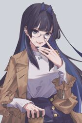 Rule 34 | 1girl, absurdres, black hair, blue bow, blue bowtie, blue eyes, blue hair, blue nails, blunt bangs, bow, bowtie, breasts, brown coat, buckle, buttons, cardanolc, coat, coffee, coffee cup, cup, denim, disposable cup, ear piercing, earrings, finger to face, glasses, grey background, grin, hair intakes, high-waist pants, highres, holding, holding cup, hololive, hololive english, jeans, jewelry, large breasts, long hair, looking at viewer, multiple earrings, official alternate costume, official alternate hair length, official alternate hairstyle, open clothes, open coat, ouro kronii, ouro kronii (casual), pants, piercing, semi-rimless eyewear, shirt, sidelocks, simple background, smile, solo, tented shirt, upper body, virtual youtuber, white shirt