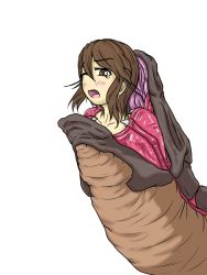 Rule 34 | 1girl, blush, brown eyes, brown hair, female focus, kaname (artist), one eye closed, open mouth, scared, simple background, tears, tongue, vore, white background, worm