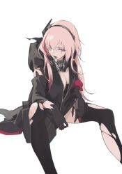 Rule 34 | 1girl, breasts, commentary request, damaged, feet out of frame, girls&#039; frontline, gloves, hair between eyes, headgear, jacket, long hair, looking at viewer, m4 sopmod ii (girls&#039; frontline), multicolored hair, pink hair, red eyes, red hair, reroi, simple background, solo, streaked hair, torn clothes, torn legwear, white background