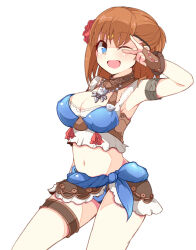 Rule 34 | 1girl, ;d, arm at side, armband, bikini, blue bikini, blue eyes, bracelet, breasts, brown choker, brown gloves, brown hair, choker, circlet, cleavage, cowboy shot, final fantasy, final fantasy xi, fingerless gloves, flower, gloves, hair flower, hair ornament, hand up, hume, jewelry, large breasts, leather choker, legs apart, mumor, navel, ntapopo, one eye closed, open mouth, red flower, short hair, simple background, smile, solo, standing, swimsuit, thigh strap, v over eye, white background