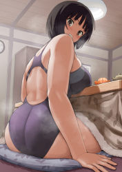 Rule 34 | 1girl, amagami, ass, black hair, breasts, brown eyes, competition swimsuit, heroherotom, kotatsu, large breasts, looking at viewer, looking back, one-piece swimsuit, short hair, smile, smug, solo, swimsuit, table, tachibana miya, thighs