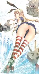 Rule 34 | 10s, 1girl, anchor hair ornament, armpits, ass, bent over, black eyes, black panties, blonde hair, blue skirt, breasts, crop top, elbow gloves, from behind, gloves, hair ornament, hairband, kantai collection, long hair, looking at viewer, looking back, miniskirt, panties, parted lips, pleated skirt, rensouhou-chan, sailor collar, school uniform, serafuku, shimakaze (kancolle), skirt, small breasts, striped clothes, striped thighhighs, thighhighs, thong, underwear, white gloves, zucchini