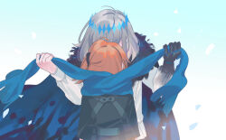 Rule 34 | 1boy, 1girl, blue scarf, coat, commentary request, day, fate/grand order, fate (series), from behind, fujimaru ritsuka (female), fujimaru ritsuka (female) (polar chaldea uniform), grey hair, holding, holding clothes, holding scarf, kiss, long sleeves, oberon (fate), oberon (third ascension) (fate), official alternate costume, oneroom-disco, orange hair, outdoors, scarf, shirt, short hair, spoilers, white shirt