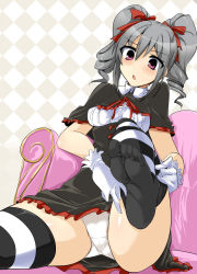 Rule 34 | 10s, 1girl, :o, bad id, bad pixiv id, blush, bow, capelet, feet, gloves, hair ornament, hair ribbon, idolmaster, idolmaster cinderella girls, kanzaki ranko, long hair, momio, no shoes, open mouth, panties, parted lips, pillow, puffy short sleeves, puffy sleeves, purple eyes, ribbon, short hair, short sleeves, silver hair, sitting, soles, solo, striped clothes, striped thighhighs, tareme, thighhighs, toes, twintails, underwear, white panties
