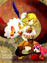 Rule 34 | 10s, 1girl, bad id, bad pixiv id, beret, blonde hair, boots, breasts, cake, charlotte (madoka magica), corset, detached sleeves, drill hair, english text, fingerless gloves, food, gloves, hair ornament, happy birthday, hat, heart, highres, hiwana, hiwana (nagare hibana), kneeling, large breasts, magical girl, mahou shoujo madoka magica, mahou shoujo madoka magica (anime), pleated skirt, skindentation, skirt, smile, thighhighs, tomoe mami, yellow eyes