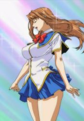 Rule 34 | 00s, 1girl, angel blade, ass, bare legs, breasts, brown hair, clothes lift, female focus, highres, large breasts, long hair, miniskirt, school uniform, screencap, skirt, skirt lift, smile, solo, tenmyoin seiryu, third-party edit, wide hips, wind, wind lift