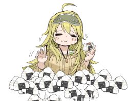 Rule 34 | 1girl, ahoge, blonde hair, brown sweater, closed mouth, eating, eye mask, closed eyes, food, food on face, highres, holding, holding food, hoshii miki, idolmaster, idolmaster (classic), jewelry, livestream, long hair, messy hair, necklace, onigiri, rice, rice on face, showroom (site), simple background, sketch, solo, spawnfoxy, sweater, thrown food, upper body, white background