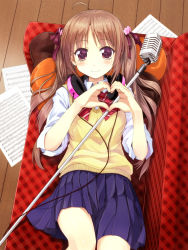 Rule 34 | 1girl, ahoge, amagai tarou, beamed quavers, blush, brown eyes, brown hair, couch, crotchet rest, flat sign, from above, hair ribbon, headphones, headphones around neck, heart, heart hands, highres, long hair, looking at viewer, lying, microphone, microphone stand, musical note, on back, original, pleated skirt, quaver, quaver rest, red upholstery, ribbon, school uniform, sharp sign, sheet music, skirt, smile, solo, sweater vest, treble clef, twintails