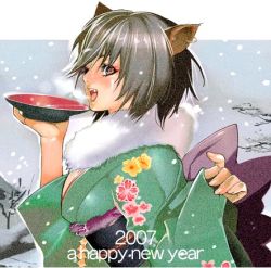 Rule 34 | 00s, 2007, alcohol, animal ears, cat ears, inkey, japanese clothes, kimono, lowres, new year, sake, snow, snowing