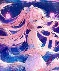 1girl absurdres breasts dress floating_hair from_side genshin_impact highres jellyfish long_hair looking_at_viewer luna_night medium_breasts pink_hair sangonomiya_kokomi strapless strapless_dress underwater very_long_hair white_dress