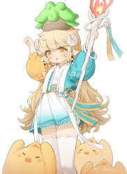 Rule 34 | 1girl, :o, absurdres, animal ears, arms up, artist name, blonde hair, bloomers, blush, cowboy shot, creature, creature on head, dated, highres, holding, holding staff, horns, jacket, koebushi (mat), lara (maplestory), long hair, long sleeves, looking at viewer, maplestory, sheep ears, sheep girl, sheep horns, simple background, staff, thighhighs, underwear, very long hair, white background, white bloomers, white thighhighs, yellow eyes