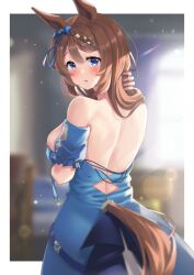 Rule 34 | 1girl, animal ears, backless dress, backless outfit, bare back, bare shoulders, blue dress, blue eyes, blush, braid, braided bangs, breasts, brown hair, commentary request, cowboy shot, cstv, detached sleeves, dress, embarrassed, hair between eyes, highres, horse ears, horse girl, horse tail, large breasts, lens flare, long hair, looking at viewer, median furrow, puffy detached sleeves, puffy short sleeves, puffy sleeves, short sleeves, solo, super creek (umamusume), tail, two-tone dress, umamusume, very long hair