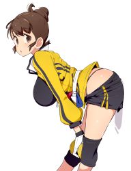Rule 34 | 1girl, bob cut, breasts, brown eyes, brown hair, commentary request, creatures (company), game freak, gloria (pokemon), gloves, jacket, large breasts, master dojo uniform, nintendo, open mouth, pokemon, pokemon swsh, short hair, simple background, solo, tottotonero, white background