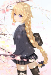 Rule 34 | 1girl, artist name, bag, black ribbon, black thighhighs, blonde hair, blue eyes, braid, cherry blossoms, commentary, english commentary, fate/apocrypha, fate/grand order, fate (series), highres, jacket, jeanne d&#039;arc (fate), jeanne d&#039;arc (ruler) (fate), kumei, light smile, long braid, long hair, looking at viewer, looking back, plaid, plaid skirt, pleated skirt, purple eyes, ribbon, school bag, school uniform, single braid, skirt, solo, thighhighs, very long hair