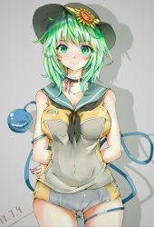Rule 34 | 1girl, adapted costume, arms behind back, black hat, breasts, character name, choker, cleavage, collarbone, condom, covered erect nipples, covered navel, cowboy shot, dated, feipin zhanshi, flower, gluteal fold, green eyes, green hair, grey background, hat, hat flower, highres, komeiji koishi, looking at viewer, medium breasts, medium hair, name tag, sailor collar, shadow, short shorts, shorts, simple background, sleeveless, smile, solo, sunflower, thighs, third eye, touhou