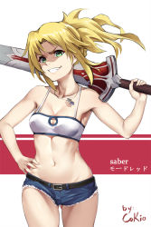 Rule 34 | 1girl, bandeau, bare shoulders, belt, blonde hair, breasts, character name, clarent (fate), cleavage, cokio, commentary request, cowboy shot, cutoffs, denim, denim shorts, fate/apocrypha, fate (series), green eyes, grin, hand on own hip, holding, holding sword, holding weapon, jewelry, long hair, looking at viewer, medium breasts, micro shorts, midriff, mordred (fate), mordred (fate/apocrypha), mordred (memories at trifas) (fate), navel, necklace, parted lips, ponytail, shaded face, shiny skin, shorts, smile, solo, standing, sword, teeth, weapon