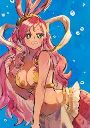 1girl bikini blue_eyes bubble commentary fish_hair_ornament hagoromo hair_ornament half_updo highres long_hair mckrs mermaid monster_girl one_piece pink_hair shawl shirahoshi sidelocks solo swept_bangs swimsuit symbol-only_commentary underwater very_long_hair yellow_bikini