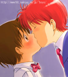 Rule 34 | 1990s (style), 2boys, akazukin chacha, blush, bow, bowtie, brown eyes, brown hair, collared shirt, couple, closed eyes, formal, kiss, looking at another, lowres, male focus, matching hair/eyes, multiple boys, neck, necktie, popy, red bow, red hair, red neckwear, shiine, shirt, short hair, suit, upper body, white shirt, yaoi