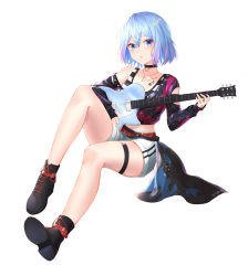 Rule 34 | 1girl, absurdres, belt, black footwear, blue eyes, blue hair, blush, boots, breasts, choker, collarbone, crop top, cross, cross necklace, denim, denim shorts, full body, guitar, highres, holding, holding instrument, instrument, jewelry, long sleeves, looking at viewer, medium breasts, navel, necklace, original, parted lips, short hair, shorts, simple background, solo, tattoo, white background, yeoru