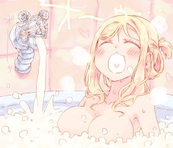 Rule 34 | 10s, 1girl, blonde hair, blush, breasts, bubble, convenient censoring, closed eyes, floating breasts, heart, heart in mouth, large breasts, long hair, love live!, love live! sunshine!!, nekokun, nude, ohara mari, open mouth, partially submerged, soap, soap bubbles, soap censor, solo, steam, translation request, upper body, water, wet