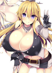 Rule 34 | 1girl, :q, absurdres, bare shoulders, blonde hair, blush, breasts, cleavage, covered erect nipples, detached collar, elbow gloves, female focus, fingerless gloves, garter straps, gloves, gluteal fold, groin, hair between eyes, hand on own thigh, hand up, highres, huge breasts, iowa (kancolle), kantai collection, leaning forward, legs, long hair, looking at viewer, midriff, miniskirt, navel, purple eyes, shirt, simple background, skirt, smile, solo, standing, thighs, tied shirt, tongue, tongue out, tsumugie, waving, white background, zoom layer