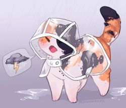 Rule 34 | diamond mouth, animal focus, artist name, calico, cat, commentary, english commentary, grey background, hood, hood up, meme, no humans, open mouth, puddle, rain, raincoat, real life, redpandarama, see-through, simple background, speech bubble, spoken object, storm cloud