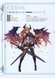 Rule 34 | 1girl, absurdres, armor, bare shoulders, black gloves, black skirt, blonde hair, breasts, character name, dark angel olivia, feathers, full body, gloves, granblue fantasy, highres, horns, long hair, looking at viewer, medium breasts, minaba hideo, official art, page number, pleated skirt, red eyes, scan, shadowverse, shingeki no bahamut, simple background, skirt, sleeveless, smile, solo, standing, stats, sword, thighhighs, weapon, wings, zettai ryouiki
