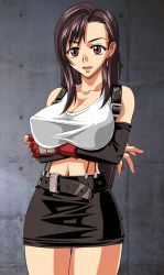 Rule 34 | 1girl, arms under breasts, black hair, breasts, cleavage, covered erect nipples, earrings, final fantasy, final fantasy vii, jewelry, large breasts, long hair, navel, nel-zel formula, skirt, smile, solo, suspenders, tifa lockhart