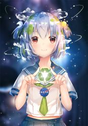 Rule 34 | 1girl, arrow (symbol), blush, closed mouth, cowboy shot, earth-chan, earth (planet), highres, index finger raised, looking at viewer, midriff peek, multicolored hair, nasa logo, orbit, planet, pleated skirt, recycling symbol, red eyes, sailor collar, school uniform, serafuku, short hair, skirt, smile, solo, standing, sun, two-tone hair, usagihime